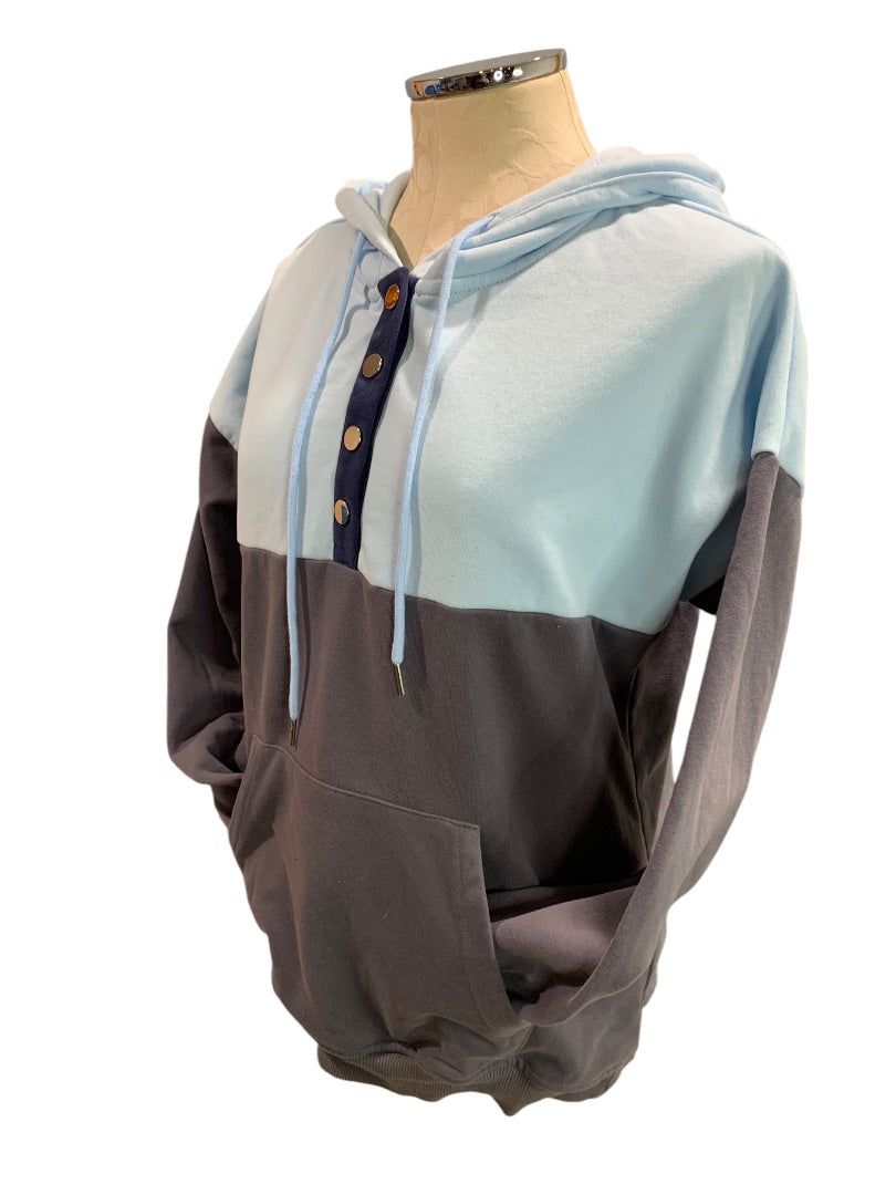 Medium Womens Blue Gray Hoodie Sweatshirt Snaps Colorblock