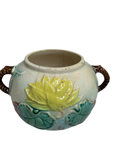 Antique Majolica Water Lily Pond Rope Sugar Bowl Handled