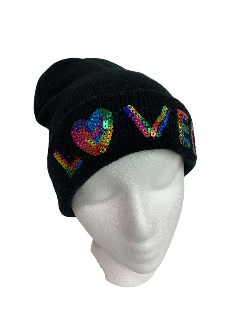 One Size Girls Black Sweater Knit Beanie Hat "Loved" Sequins