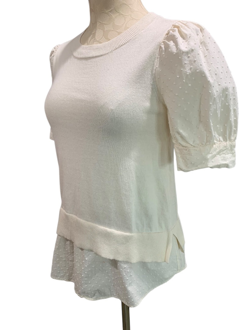 XS Loft Womens Ivory Short Sleeve Sweater Swiss Dot Trim