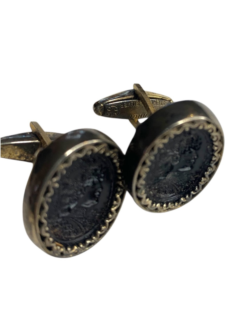 Vintage Signed DaVinci Cufflinks Intaglio Carved Soldier Bullet Back