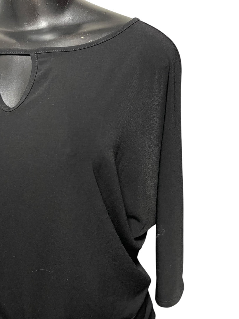 XS Clara Sun Woo Black Keyhole 3/4 Sleeve Banded Hem Womens Shirt Black