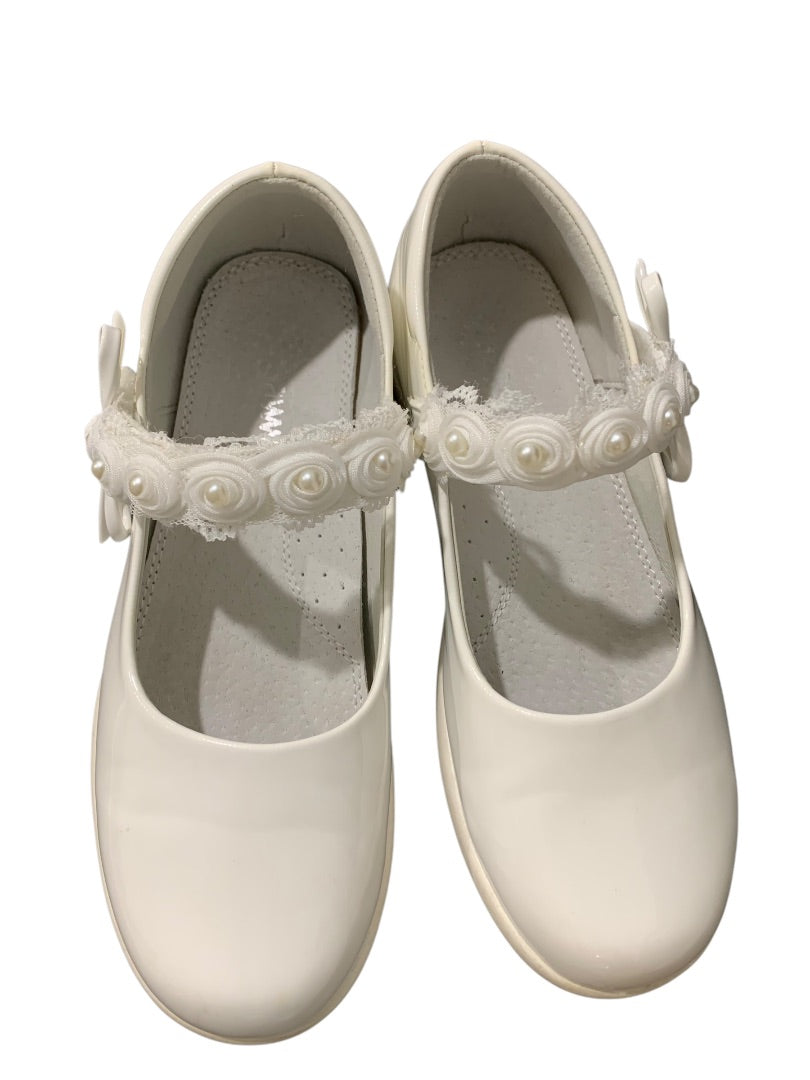 Size 36 Apawwa MC16 Girls White Lacquer Shoes Rosettes Faux Pearls First Communion