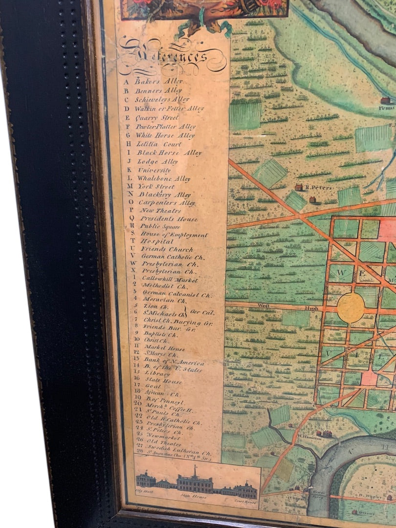 Reproduction 1802 Framed Map of Philadelphia Wooden Frame 34.5 x 26.5 Inches