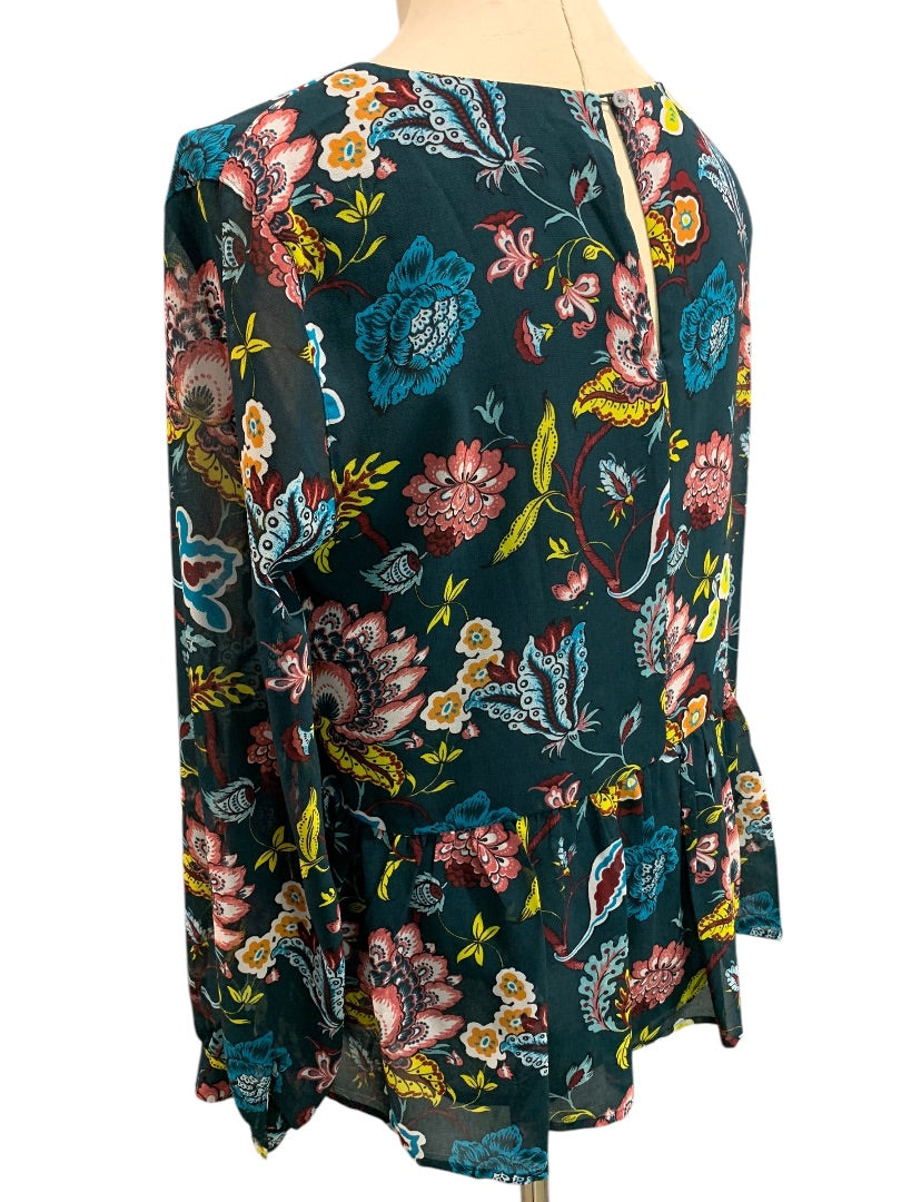 Medium LOFT Sheer Floral Print Blouse Flounce Hem Shirt