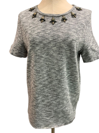 Large Petite Ann Taylor Loft Embellished Terry Short Sleeve Shirt Gray