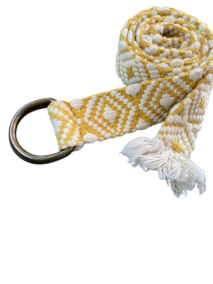 Womens Boho Woven Belt D-Ring Fringed 1.5 Inch Width Gold Off White