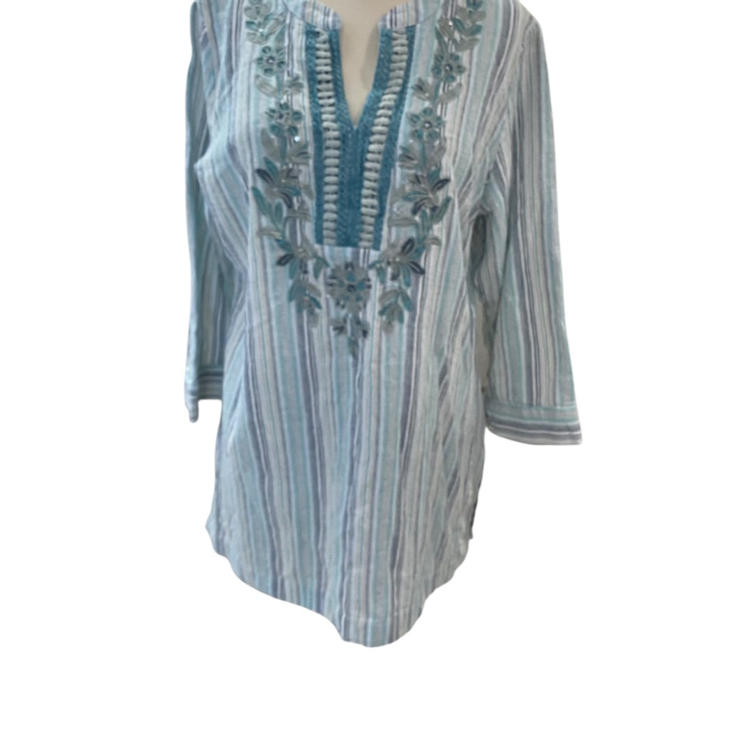 Large Soft Surroundings Womens Tunic Shirt Embelia Blue Green Embroidered Sequin