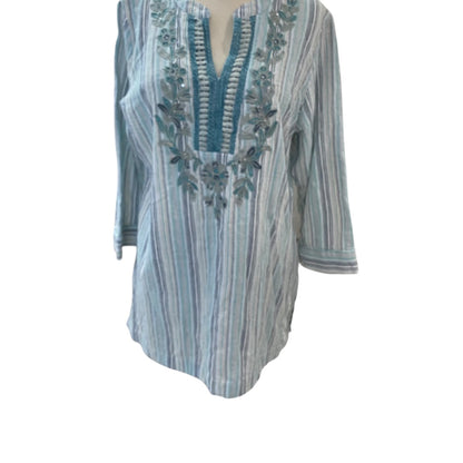 Large Soft Surroundings Womens Tunic Shirt Embelia Blue Green Embroidered Sequin