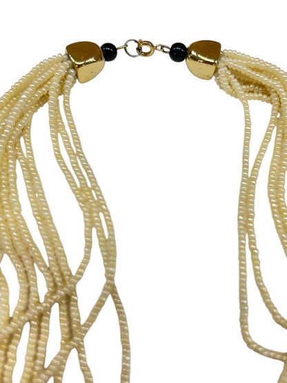 Multistrand Cream Black Beaded Necklace Goldtone Clasp 28 Inch