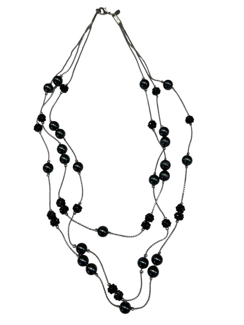 RMN Triple Strand Silvertone Beaded Tiered Necklace 16-20 Inches Lobster Clasp