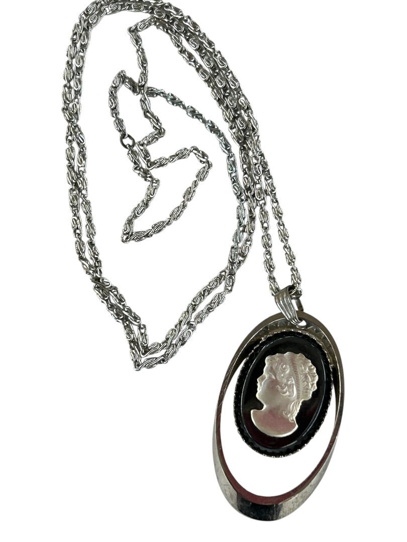 Silvertone Overhead Necklace 24 Inch Cameo Pendant 1.75"
