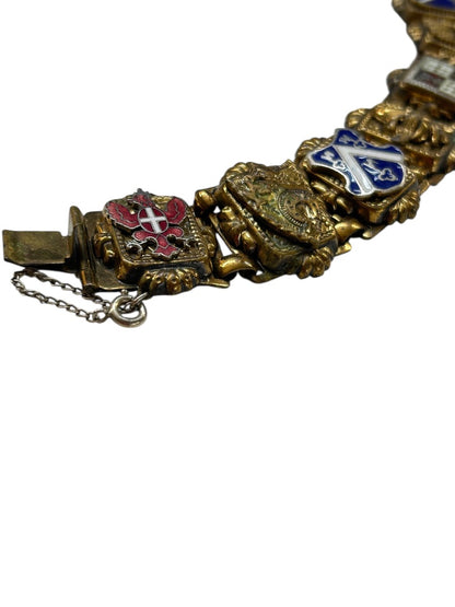 Vintage Goldtone 7 Panel Bracelet Crests France 7 Inch Chunky