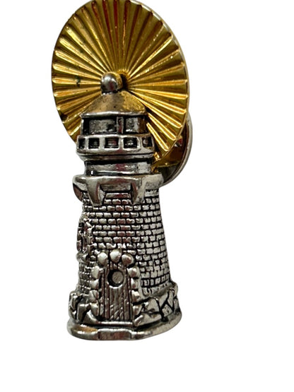 Vintage Signed Avon Lapel Pin Lighthouse Beacon 1.4" Goldtone Silvertone