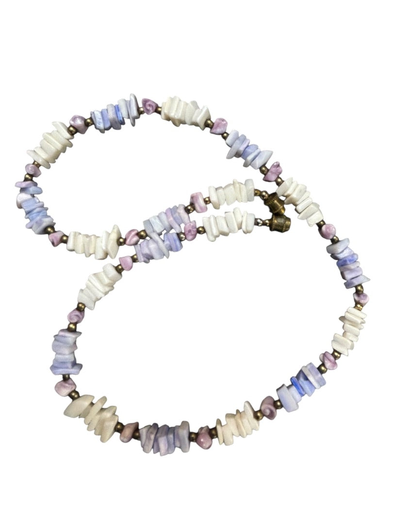 Puka Chip Shell Necklace White Purple Goldtone Barrel Clasp 16 Inch