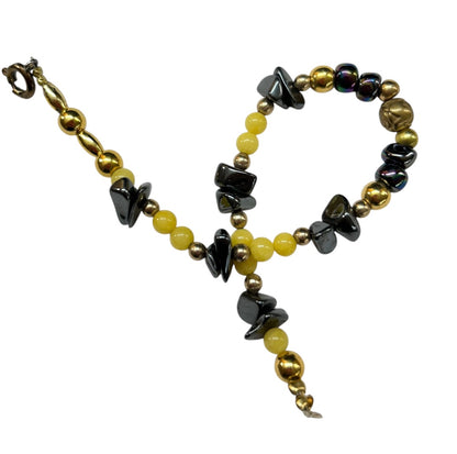 Beaded 7.25 Inch Bracelet Yellow Goldtone Gray Spring Clasp