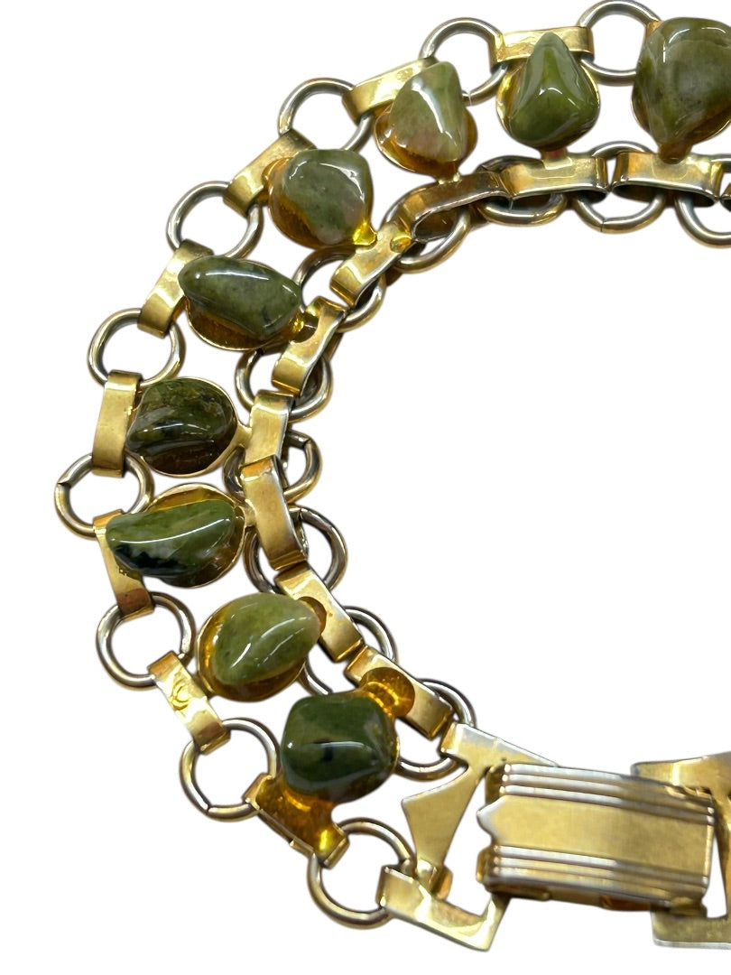 Vintage Goldtone Green Stone Bracelet 7 inch Foldover Clasp