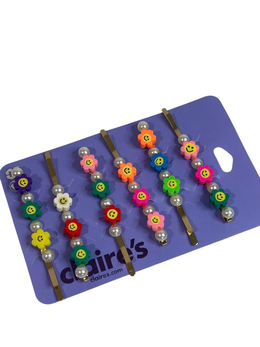 Claires New Rainbow Flower Smiley Face Bobby Pin Faux Pearl Set of 6