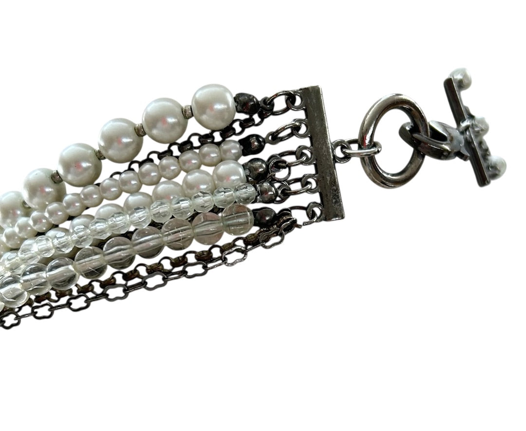 Mixed Beads Multistrand Tiered Necklace White Silvertone Pewter Oversize Lobster Clasp
