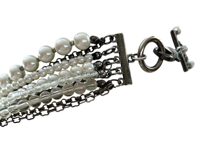Mixed Beads Multistrand Tiered Necklace White Silvertone Pewter Oversize Lobster Clasp
