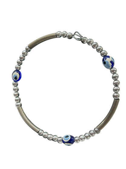 Silvertone Adjustable Bangle Bracelet Beaded Open Wire Blue Beads