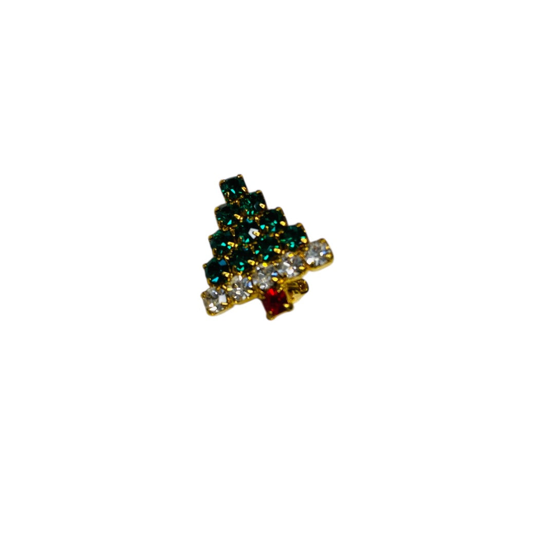 Goldtone Rhinestone Small Christmas Tree Brooch .5 Inch Red Green Vintage
