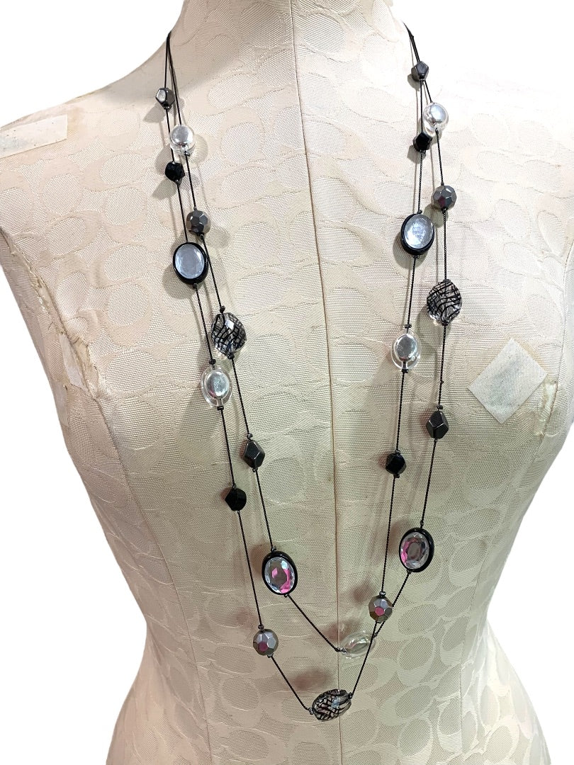 NY Double Strand Black Clear Beaded Necklace 36-40 Inch Lobster Clasp