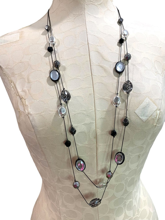 NY Double Strand Black Clear Beaded Necklace 36-40 Inch Lobster Clasp