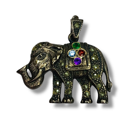 Vintage Elephant Silver Luck Pendant Stones Small 1 Inch