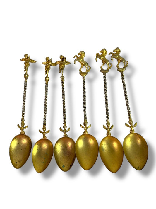 Vintage Cherub & Horse Spoons Set of 6 Ornate 5" Goldtone Demitasse Decor
