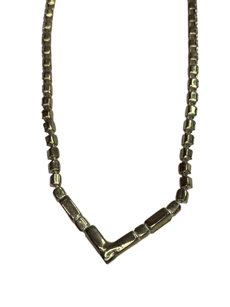 Vintage Rhinestone V Shape Necklace 15 Inch Silvertone Foldover Clasp