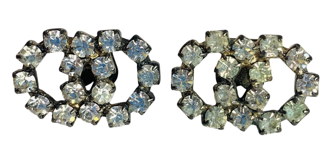 Vintage Pair Shoe Clips Rhinestone Silvertone Adjoining Circles .75 x 1 Inch