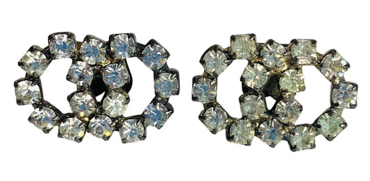 Vintage Pair Shoe Clips Rhinestone Silvertone Adjoining Circles .75 x 1 Inch