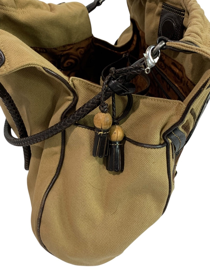 Brighton Canvas Shoulder Bag Brown Embroidered Hobo Heart Charm Large Tote