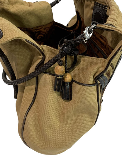 Brighton Canvas Shoulder Bag Brown Embroidered Hobo Heart Charm Large Tote