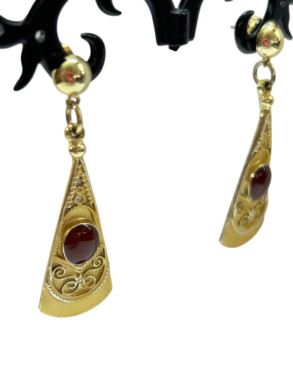 Brushed Goldtone Earrings Post Pierced Red Cabochon 1.75 Inch Drop