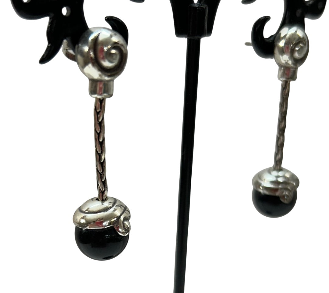 Silvertone Black Post Pierced Earrings 1.25 Inch Drop Dangle