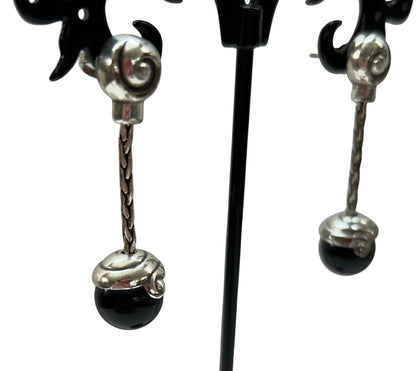 Silvertone Black Post Pierced Earrings 1.25 Inch Drop Dangle
