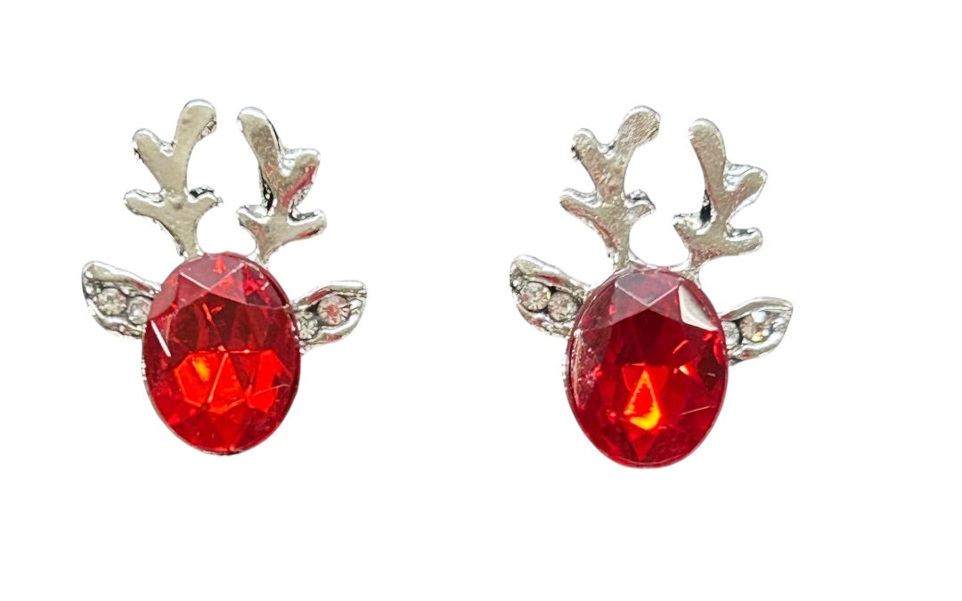 Silvertone Red Reindeer Earrings Post Pierced Sparkle .6 Inch