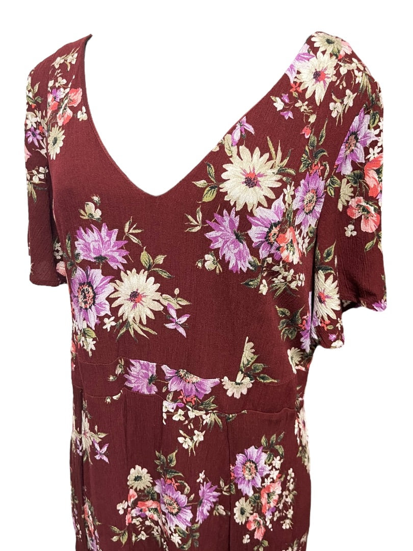 2X Torrid Floral Gauze Maxi Dress V-Neck Tie Back Merlot