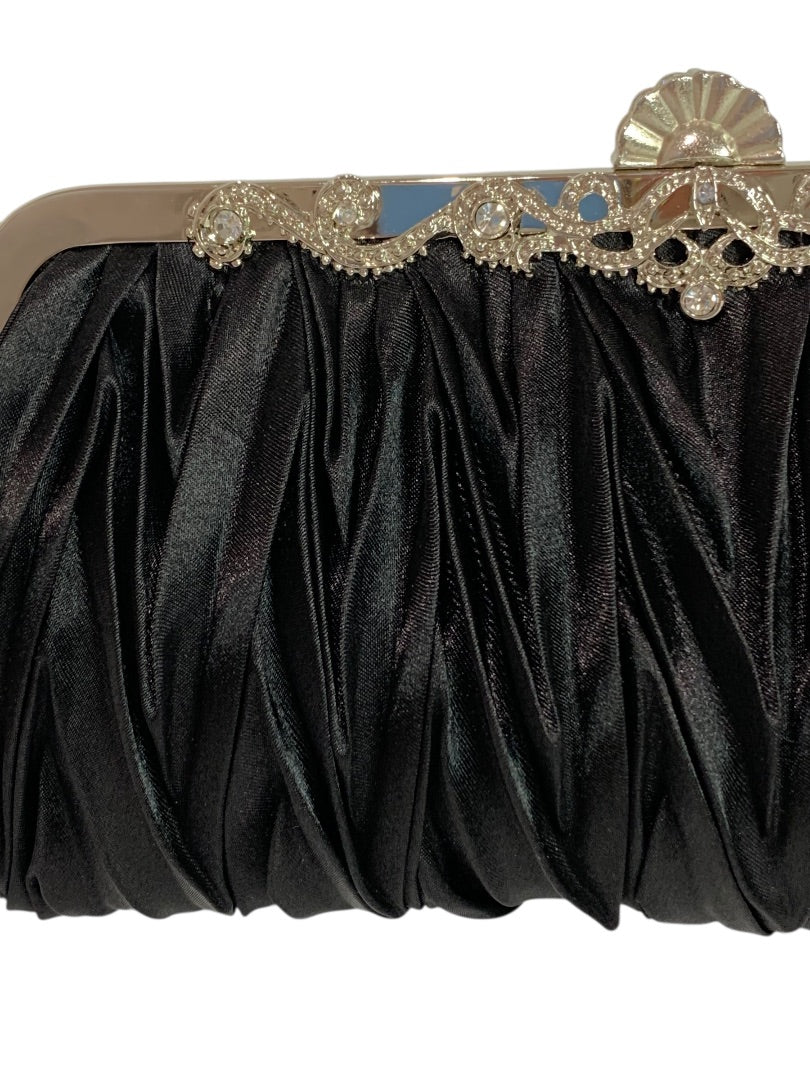 Black Satin Silvertone Hardware Evening Clutch Bag Shoulder Strap Chain