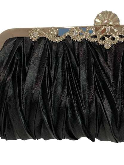 Black Satin Silvertone Hardware Evening Clutch Bag Shoulder Strap Chain