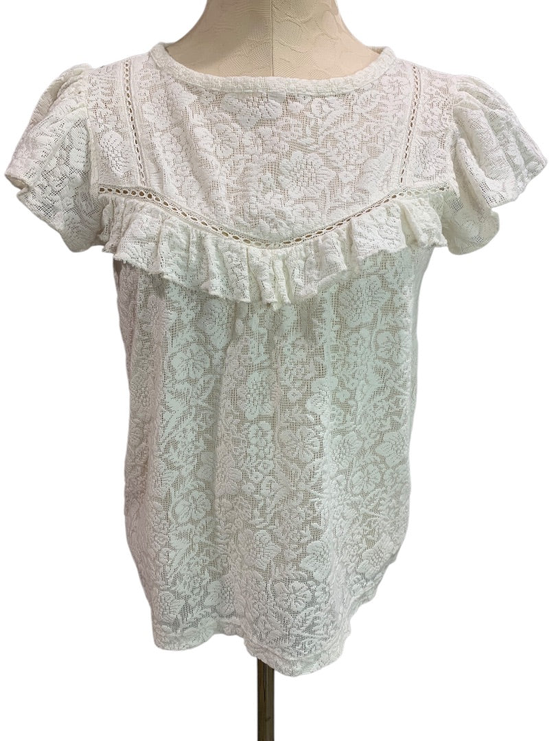 XS Loft Womens Ivory Lace Sheer Blouse Top Shirt Short Sleeve