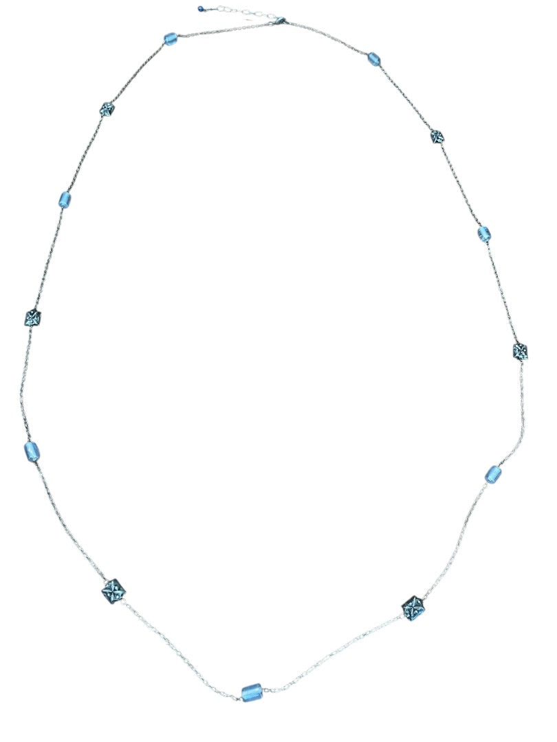 Small Blue Bead and Silvertone Bead Chain Adjustable Necklace 57 Inch