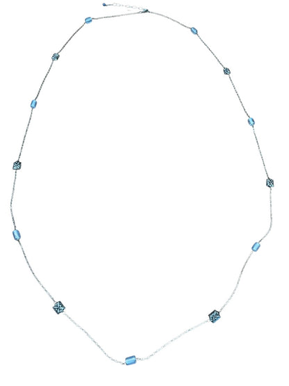 Small Blue Bead and Silvertone Bead Chain Adjustable Necklace 57 Inch