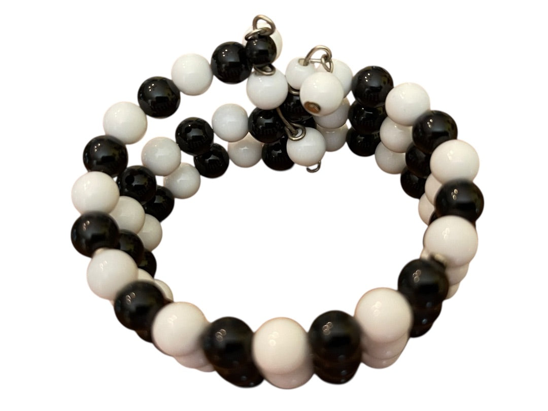 Vintage 3 Strand Black White Beaded Adjustable Cuff Bracelet