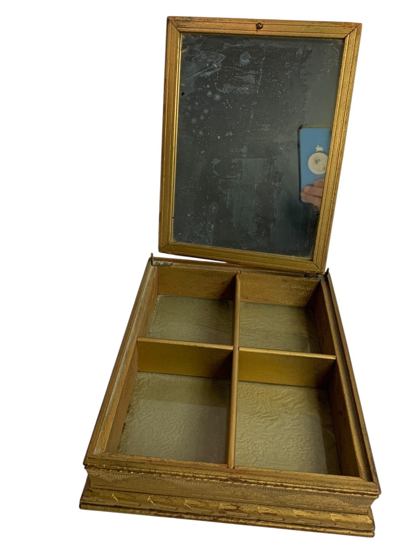 Antique Wooden Dresser Box Mirrored Lid Le Boudoir 9.5" x 7.5"