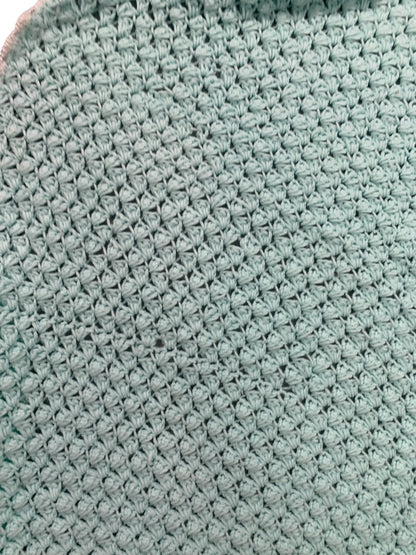 Vintage Mint Green Baby Blanket Crochet White Trim 37" x 34" Hood