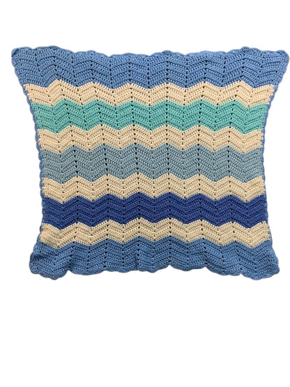 Vintage Crochet Baby Blanket Chevron Blue White 26" x 32"
