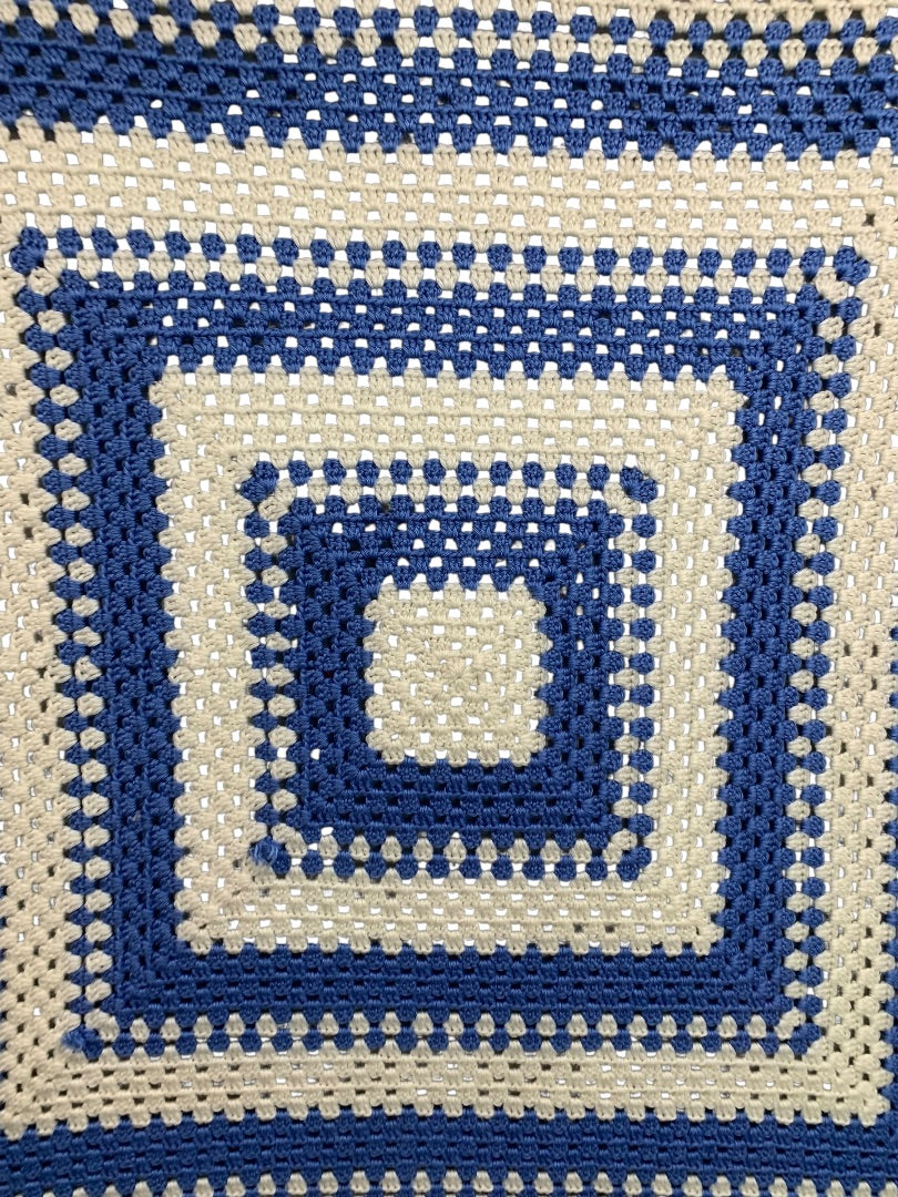Vintage Crochet Boho Blue White Afghan Blanket Throw 40" Square